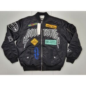 FIRST ROW Black Bomber Jacket Patchwork Cyber Tech Design Street Wear XXL New